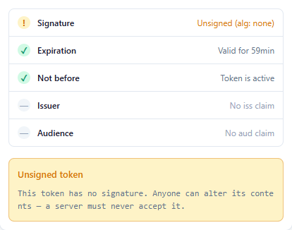 Signature verification with an alg:none warning